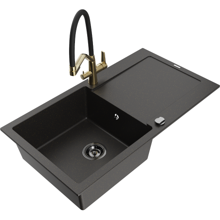 Chiuvetă granit Mexen Leo cu 1 compartiment, picurător și baterie Duo, negru/auriu metalic - 6501-75-671701-57-B