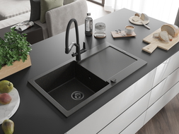 Chiuvetă granit Mexen Leo cu o cuvă, scurgător și baterie de bucătărie Duo, negru/auriu metalic - 6501-75-671701-70-B