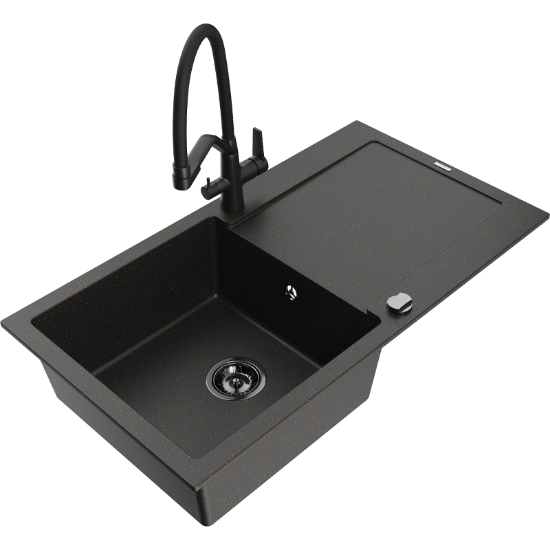 Chiuvetă granit Mexen Leo cu o cuvă, scurgător și baterie de bucătărie Duo, negru/auriu metalic - 6501-75-671701-70-B