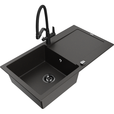 Chiuvetă granit Mexen Leo cu o cuvă, scurgător și baterie de bucătărie Duo, negru/auriu metalic - 6501-75-671701-70-B