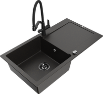 Chiuvetă granit Mexen Leo cu o cuvă, scurgător și baterie de bucătărie Duo, negru/auriu metalic - 6501-75-671701-70-B