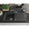 Mexen Leo chiuvetă de bucătărie din granit cu 1 cuvă și picurător și baterie Duo, neagră cu pete - 6501-76-671701-07