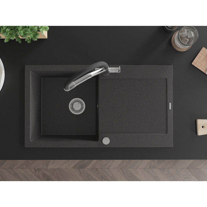 Mexen Leo chiuvetă de granit cu o singură cuvă și scurgător și baterie pentru bucătărie Duo, negru stropit - 6501-76-671701-07