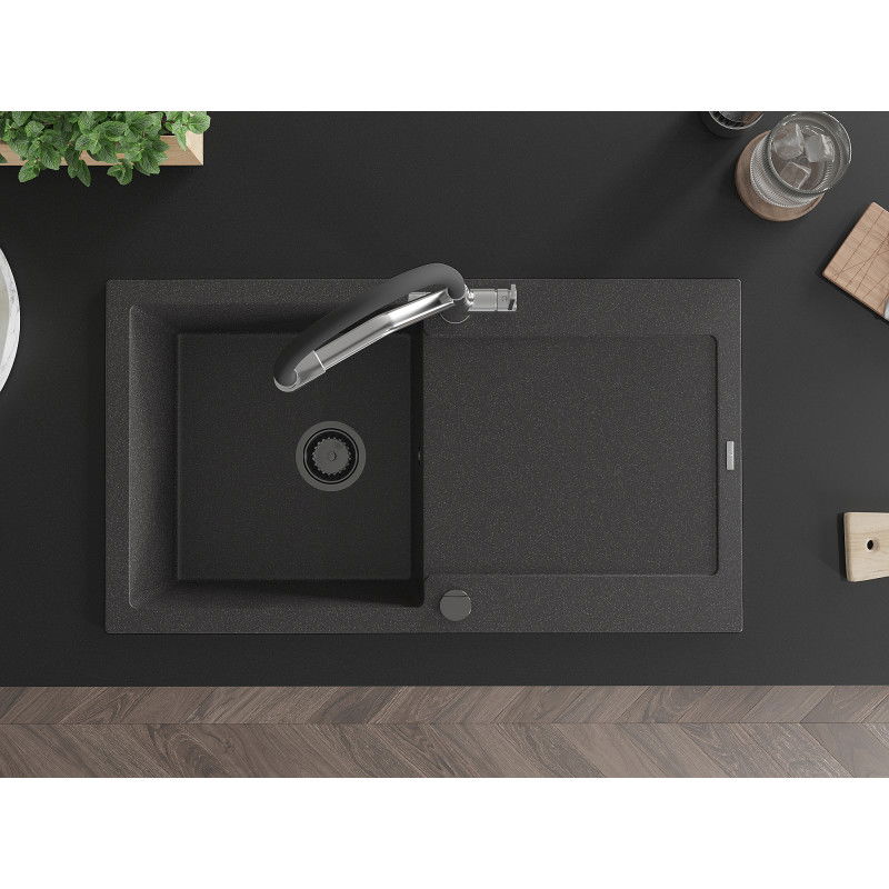 Mexen Leo egymedencés gránit mosogató csepegtetővel és Duo konyhai csapteleppel, fekete pöttyös - 6501-76-671701-07-B