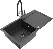 Mexen Leo chiuvetă de bucătărie din granit cu 1 cuvă și picurător și baterie Duo, negru pătat - 6501-76-671701-07-B