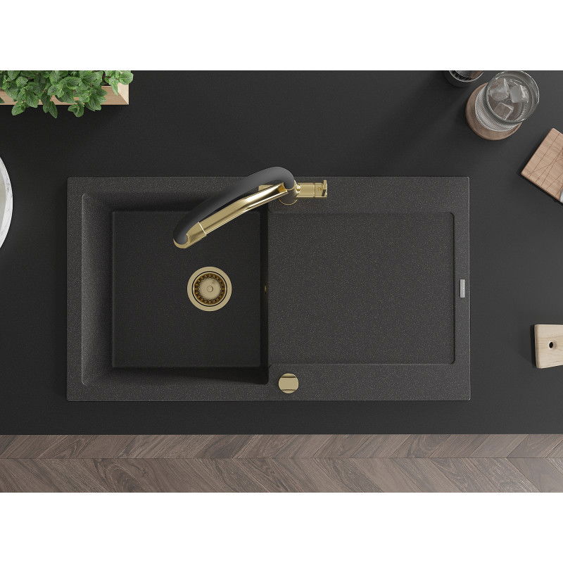 Mexen Leo chiuvetă de bucătărie din granit, cu 1 compartiment, cu picurător și baterie Duo, negru cu pete - 6501-76-671701-57-G