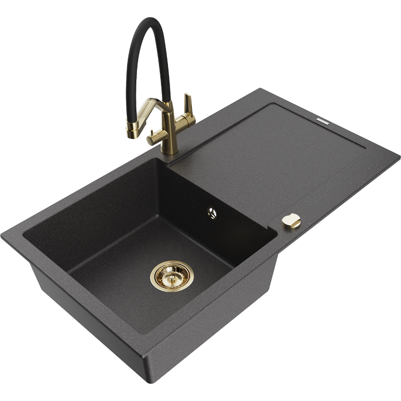 Mexen Leo chiuvetă de bucătărie din granit, cu 1 compartiment, cu picurător și baterie Duo, negru cu pete - 6501-76-671701-57-G