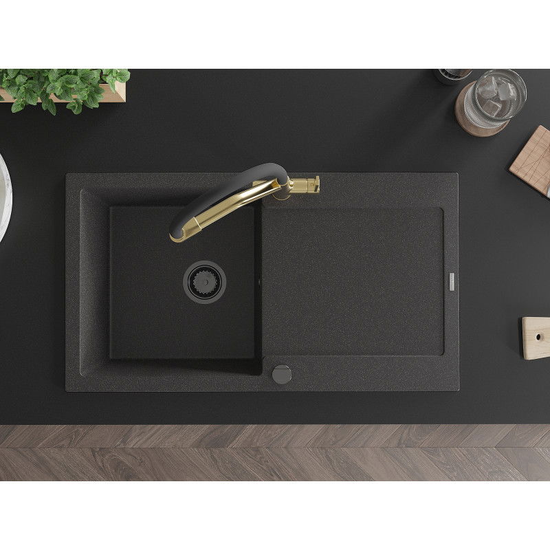 Mexen Leo 1 rekeszes gránit mosogató lefolyóval és Duo konyhai csappal, fekete spriccelt - 6501-76-671701-57-B