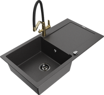 Mexen Leo chiuvetă de bucătărie din granit cu o singură cuvă și scurgător, cu baterie Duo, negru pătat - 6501-76-671701-57-B
