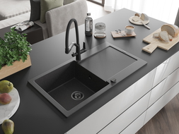 Mexen Leo chiuvetă de granit cu 1 compartiment, cu scurgător și baterie bucătărie Duo, negru punctat - 6501-76-671701-70-B