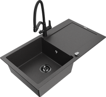 Mexen Leo chiuvetă de granit cu 1 compartiment, cu scurgător și baterie bucătărie Duo, negru punctat - 6501-76-671701-70-B