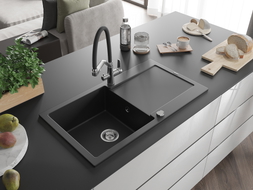 Mexen Leo chiuvetă de granit cu 1 compartiment, cu scurgător și baterie de bucătărie Duo, negru - 6501-77-671701-07