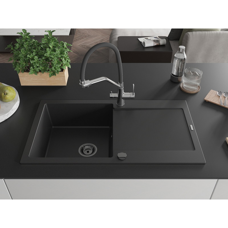 Mexen Leo chiuvetă de granit cu o cuvă și scurgător Duo, negru - 6501-77-671701-07-B