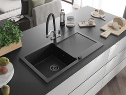 Mexen Leo chiuvetă de granit cu 1 compartiment cu scurgător și baterie de bucătărie Duo, negru - 6501-77-671701-07-B