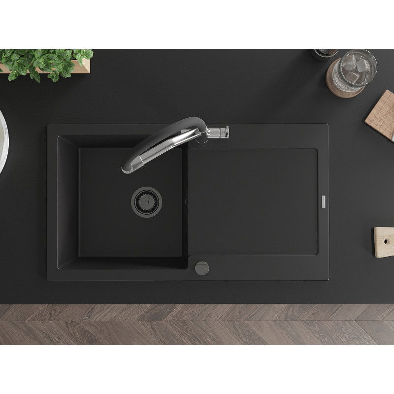 Mexen Leo gránit mosogató 1-medencés csepegtetővel és dupla konyhai csapteleppel, fekete - 6501-77-671701-07-B