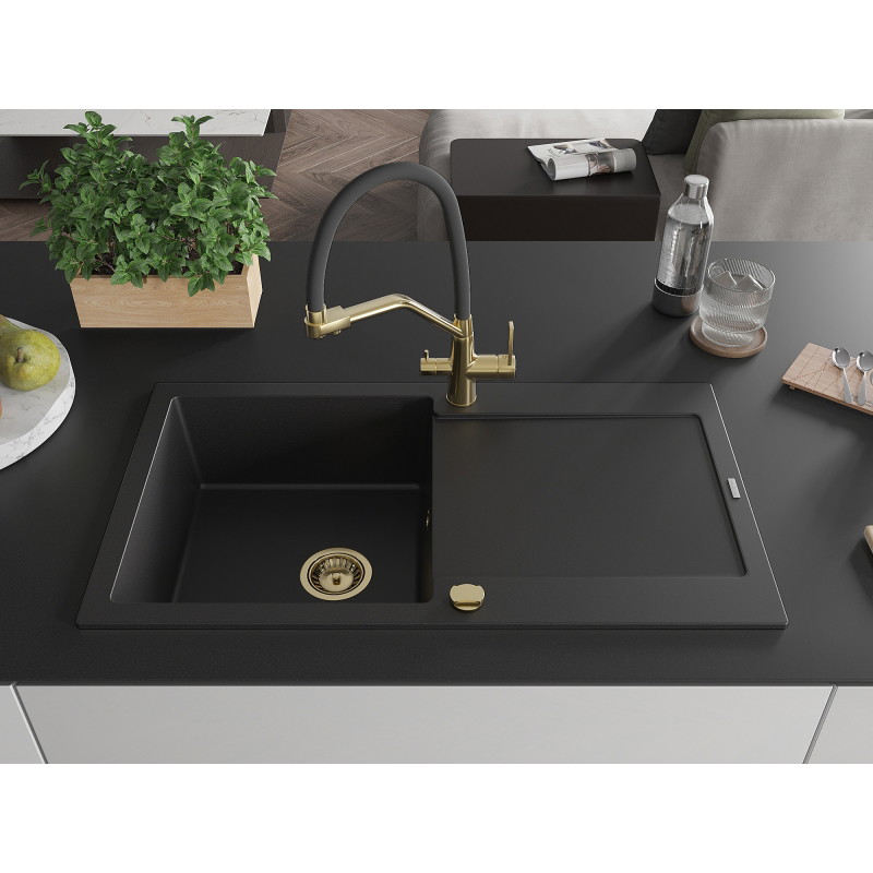 Mexen Leo 1-medencés gránit mosogató lefolyóval és Duo konyhai csappal, fekete - 6501-77-671701-57-G