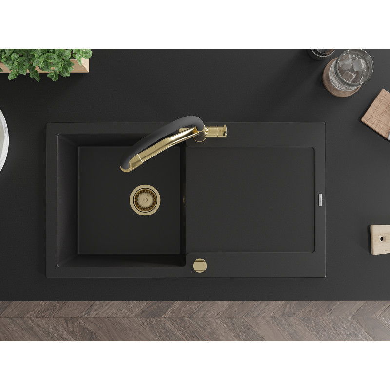 Mexen Leo chiuvetă din granit cu 1 compartiment cu scurgător și baterie de bucătărie Duo, negru - 6501-77-671701-57-G