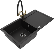 Mexen Leo chiuvetă de granit cu o singură cuvă cu scurgător și robinet de bucătărie Duo, negru - 6501-77-671701-57-B