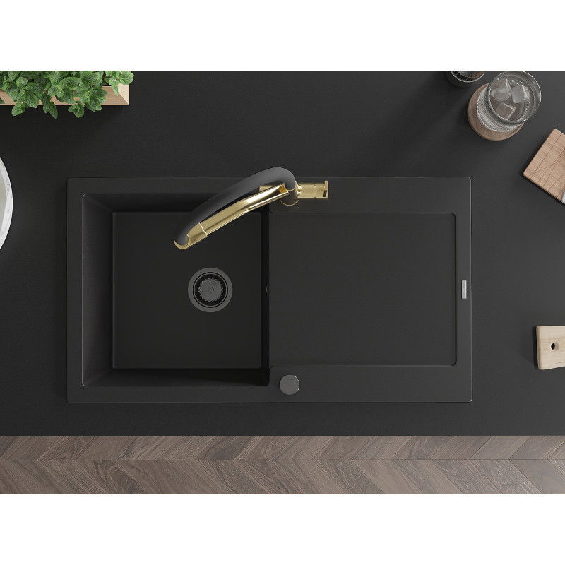 Mexen Leo gránit mosogató 1-medencés csepegtetővel és Duo konyhai csapteleppel, fekete - 6501-77-671701-57-B