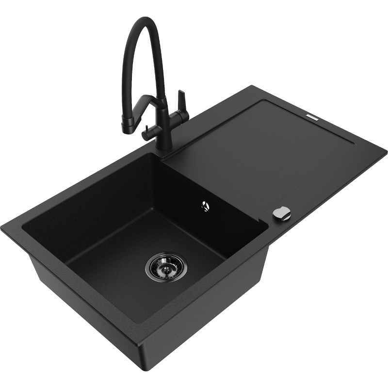 Chiuvetă de bucătărie granitică Mexen Leo cu 1 compartiment și picurător și baterie Duo, negru - 6501-77-671701-70-B