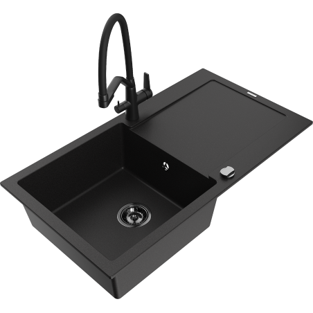 Chiuvetă de bucătărie granitică Mexen Leo cu 1 compartiment și picurător și baterie Duo, negru - 6501-77-671701-70-B