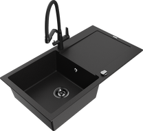 Mexen Leo chiuvetă din granit cu o cuvă, cu scurgător și baterie de bucătărie Duo, negru - 6501-77-671701-70-B