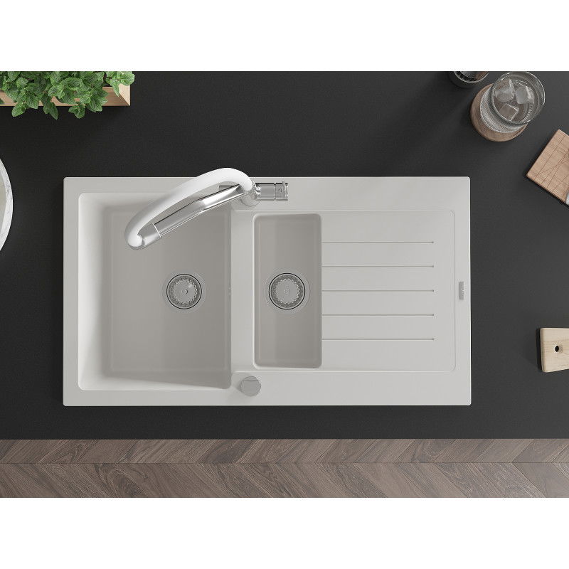 Mexen Matias 1,5 medencés gránit mosogató csepegtetővel és Duo konyhai csapteleppel, fehér - 6502-20-671701-02