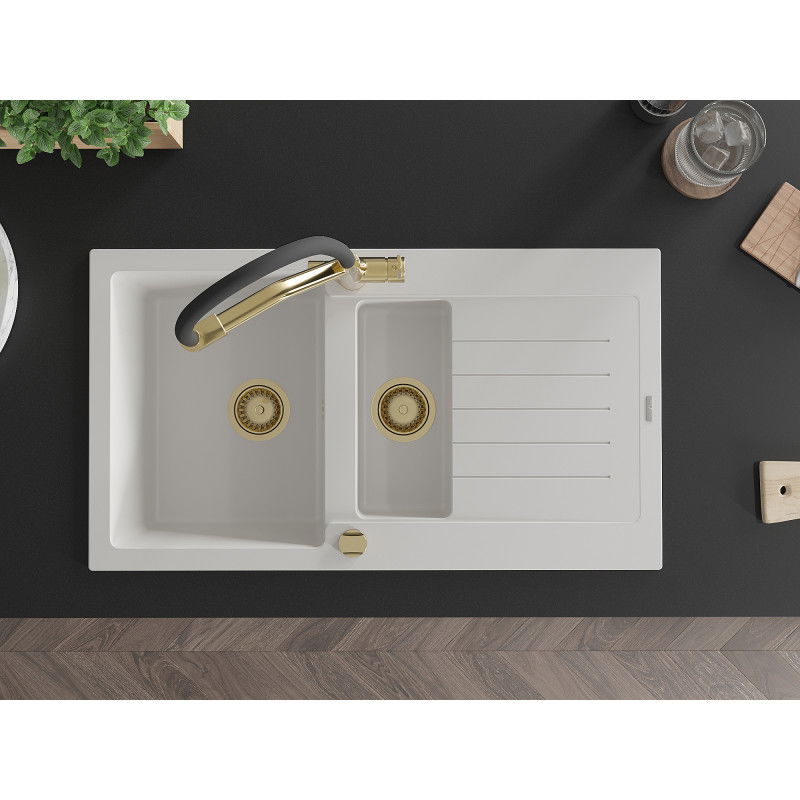 Mexen Matias 1,5 kamrás gránit mosogatótálca csepptálcával és Duo konyhai csapteleppel, fehér - 6502-20-671701-57-G