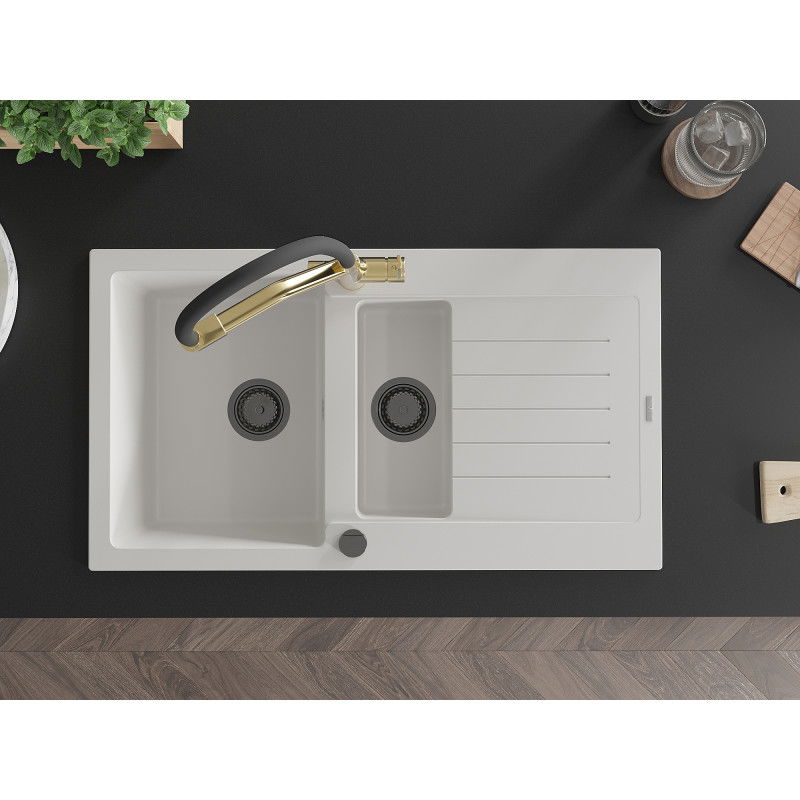 Mexen Matias chiuvetă din granit cu 1,5 compartimente și scurgător și baterie de bucătărie Duo, alb - 6502-20-671701-57-B