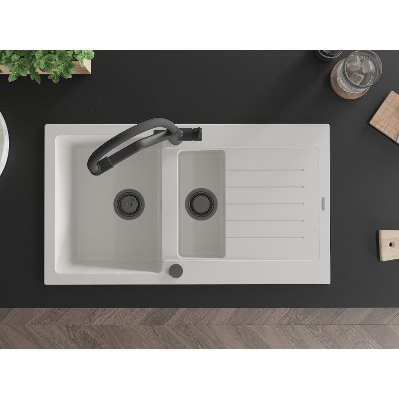 Mexen Matias chiuvetă de bucătărie din granit cu 1,5 compartimente, cu scurgător și robinet Duo, alb - 6502-20-671701-70-B