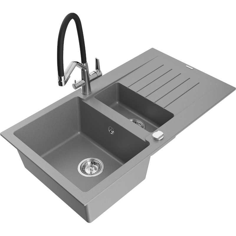 Mexen Matias chiuvetă de granit cu 1,5 compartimente cu picurător și robinet de bucătărie Duo, gri - 6502-71-671701-07