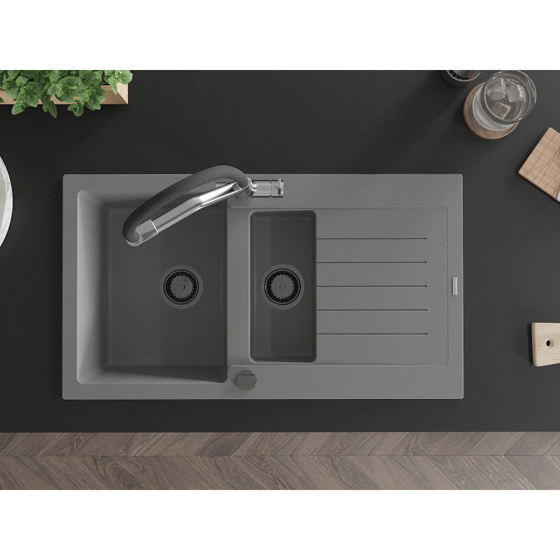 Mexen Matias chiuvetă granit 1,5 compartimente cu scurgător și robinet de bucătărie Duo, gri - 6502-71-671701-07-B