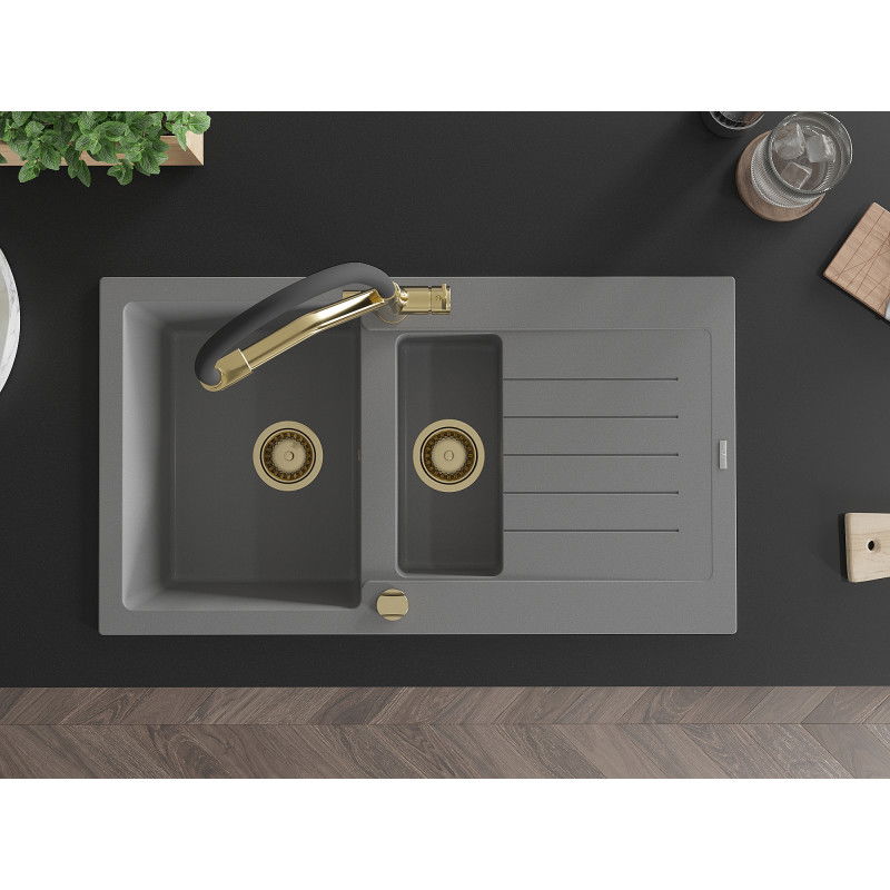 Mexen Matias chiuvetă de granit 1,5 camere cu scurgător și baterie de bucătărie Duo, gri - 6502-71-671701-57-G