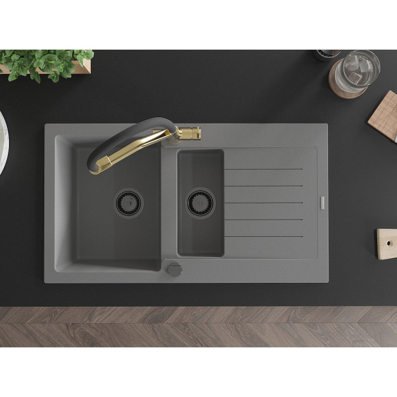 Mexen Matias 1,5 rekeszes gránit mosogató csepptálcával és Duo konyhai csapteleppel, szürke - 6502-71-671701-57-B
