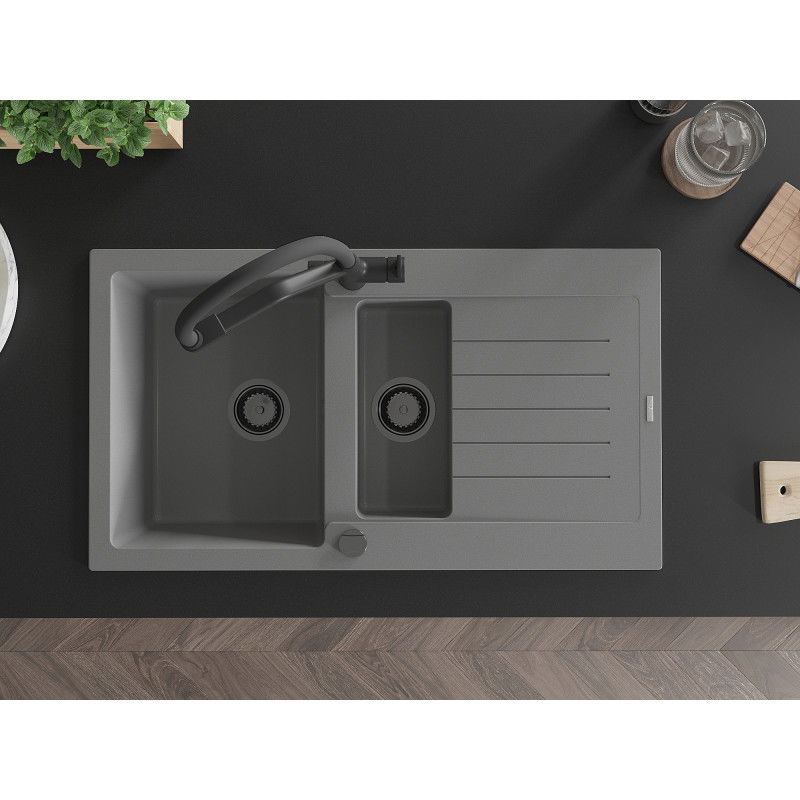 Mexen Matias chiuvetă din granit cu 1,5 compartimente cu scurgător și baterie de bucătărie Duo, gri - 6502-71-671701-70-B