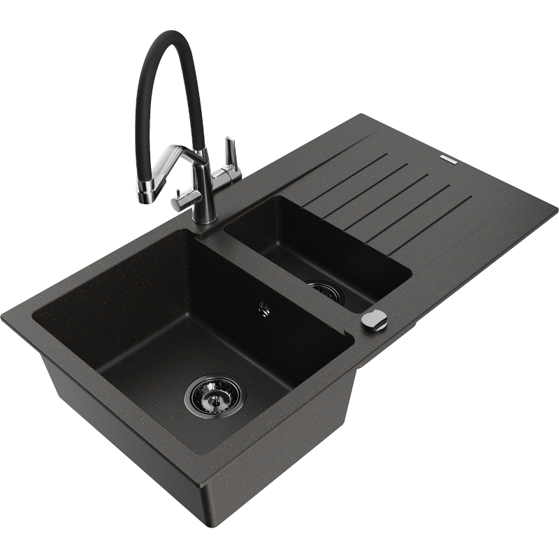 Mexen Matias chiuvetă din granit cu 1,5 compartimente cu scurgător și baterie de bucătărie Duo, negru/auriu metalic