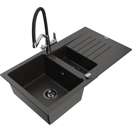 Mexen Matias chiuvetă din granit cu 1,5 compartimente cu scurgător și baterie de bucătărie Duo, negru/auriu metalic