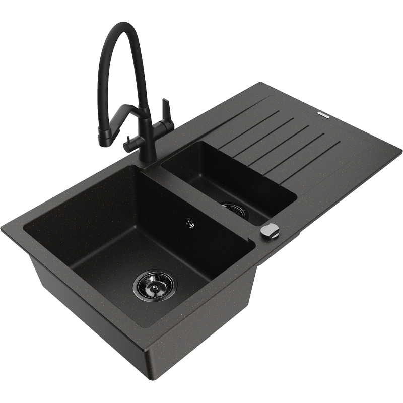 Mexen Matias chiuvetă din granit cu 1,5 compartimente cu scurgător și baterie de bucătărie Duo, negru/auriu metalic