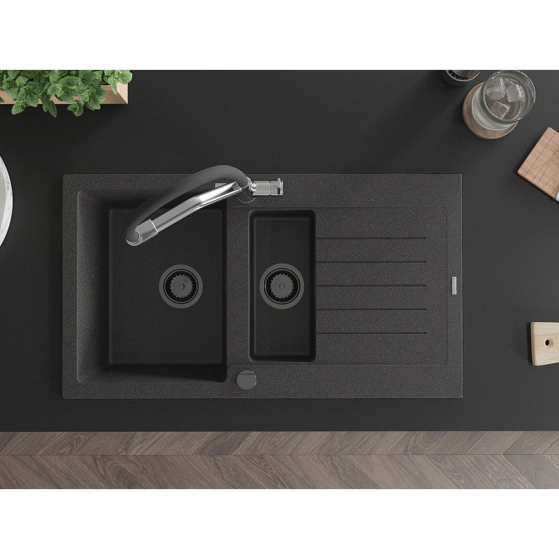 Mexen Matias chiuvetă de bucătărie din granit 1,5 camera cu scurgător și baterie Duo, negru cu pete - 6502-76-671701-07-B