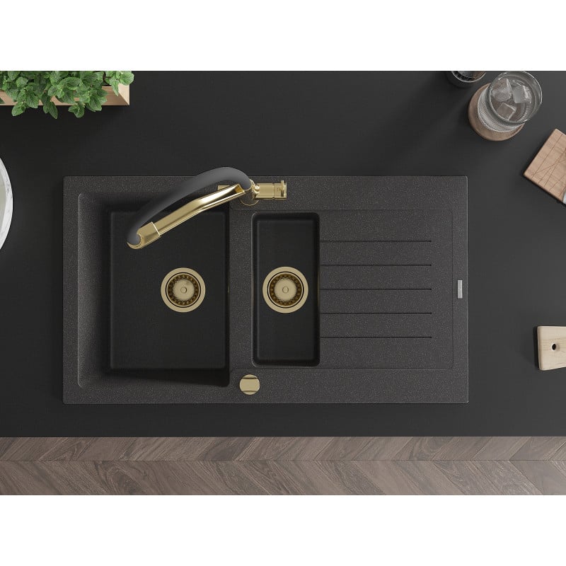 Mexen Matias chiuvetă de granit cu 1,5 camere cu picurator și baterie de bucătărie Duo, negru cu pete - 6502-76-671701-57-G