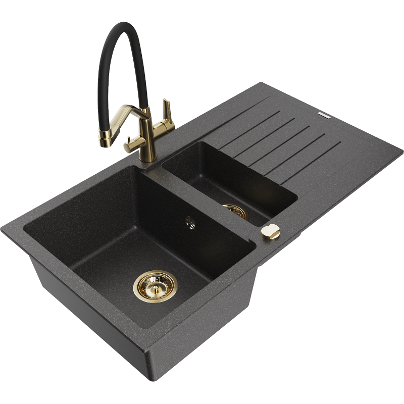 Mexen Matias chiuvetă de granit cu 1,5 camere cu picurator și baterie de bucătărie Duo, negru cu pete - 6502-76-671701-57-G