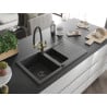 Mexen Matias chiuvetă din granit cu 1,5 cuve cu scurgere și baterie de bucătărie Duo, negru cu pete - 6502-76-671701-57-B