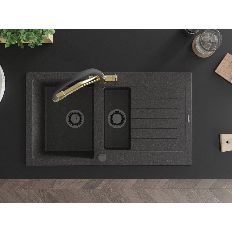 Mexen Matias gránit mosogató 1,5-kamrás csepegtetővel és Duo konyhai csapteleppel, fekete pöttyös - 6502-76-671701-57-B