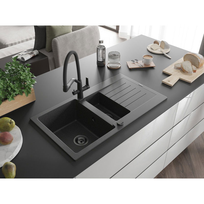 Mexen Matias 1,5 rekeszes gránit mosogató csepegtetővel és Duo konyhai csapteleppel, fekete pöttyös - 6502-76-671701-70-B