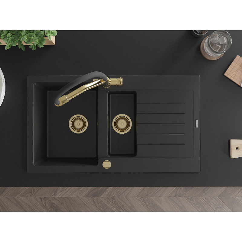 Mexen Matias gránit mosogatótálca 1,5 rekeszes, csepegtetővel és Duo konyhai csapteleppel, fekete - 6502-77-671701-57-G