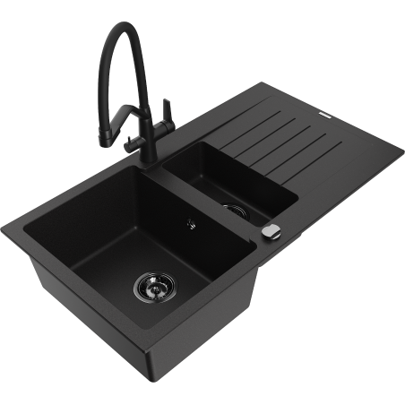 Mexen Matias gránit mosogató 1,5 kamrás csepegtetővel és Duo konyhai csapteleppel, fekete - 6502-77-671701-70-B