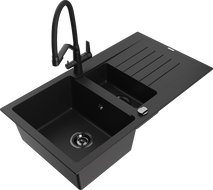 Mexen Matias gránit mosogató 1,5 kamrás csepegtetővel és Duo konyhai csapteleppel, fekete - 6502-77-671701-70-B