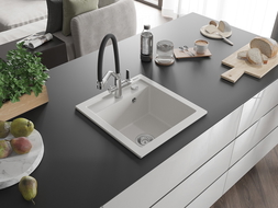 Mexen Vito gránit mosogatótál 1 rekeszes konyhai csapteleppel Duo, fehér - 6503-20-671701-07