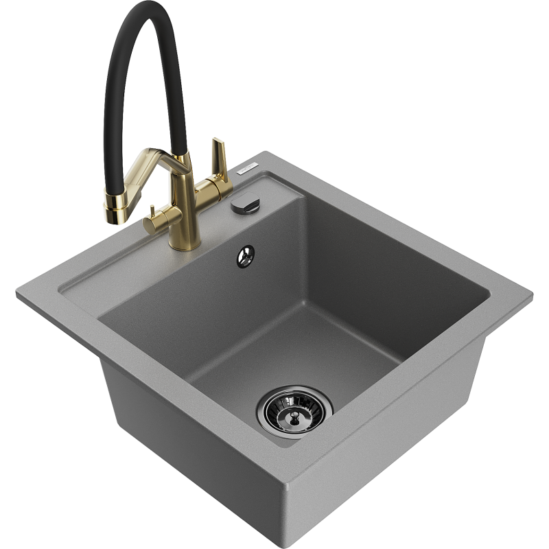 Mexen Vito chiuvetă de granit cu 1 cuvă cu baterie de bucătărie Duo, gri - 6503-71-671701-57-B