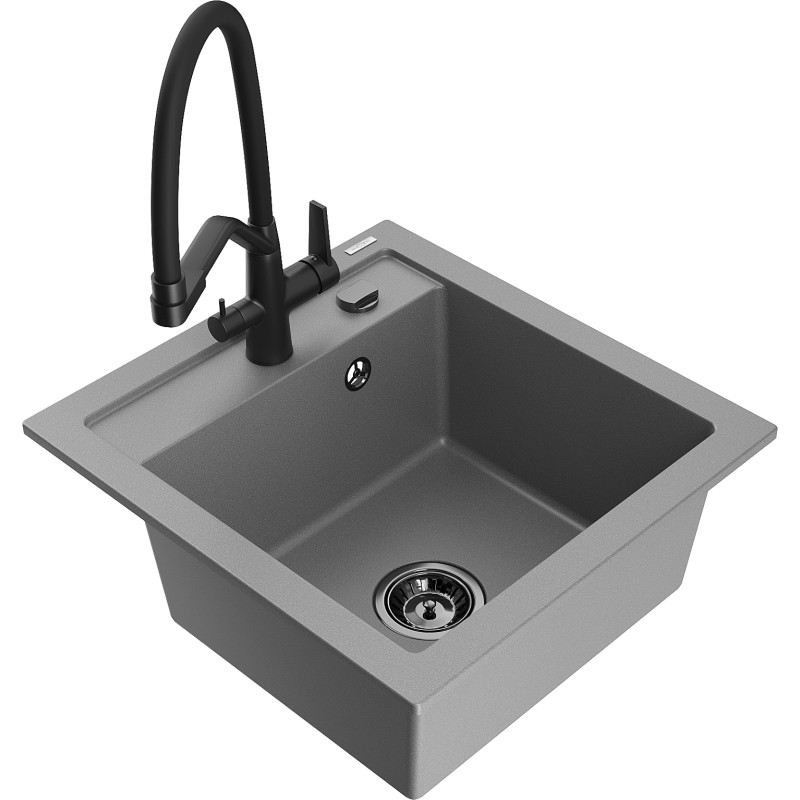 Mexen Vito chiuvetă de bucătărie granitică cu o cuvă și cu robinet Duo, gri - 6503-71-671701-70-B